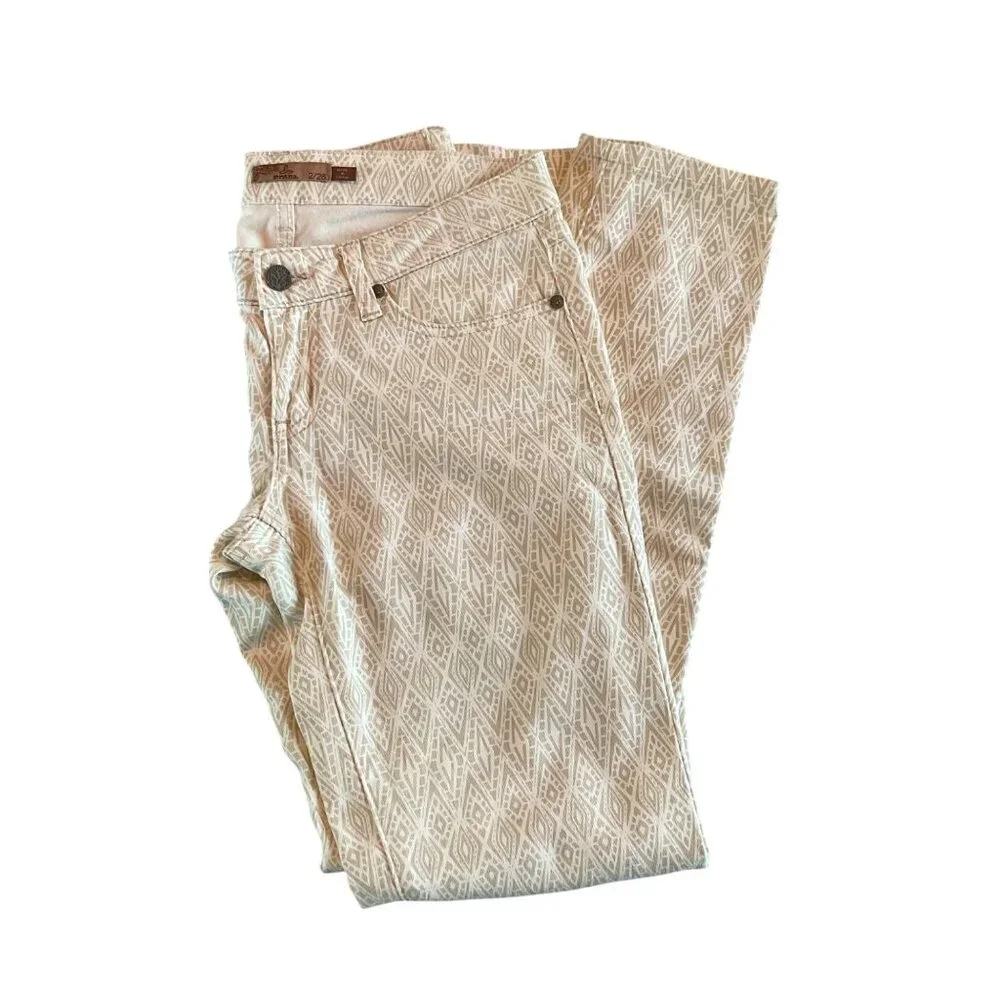 Prana Womens Beige Geometric Patterned Denim Pants Sz 2 waist 26 Cotton Blend